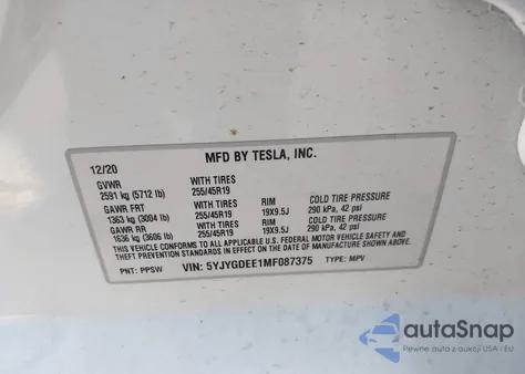 2021 Tesla Model Y Long Range Dual Motor All-Wheel Drive z USA, uszkodzony, nr VIN 5YJYGDEE1MF087375